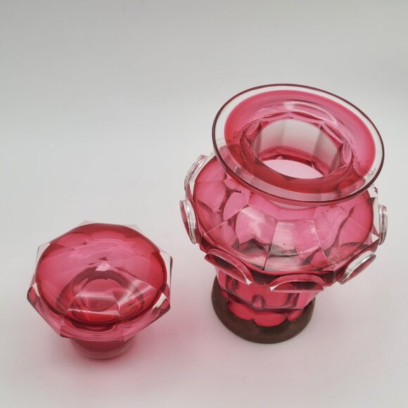 Vintage Cranberry Glass Apothecary or Dresser Jar with Mushroom Stopper 6 1/2" H - Picture 9 of 12